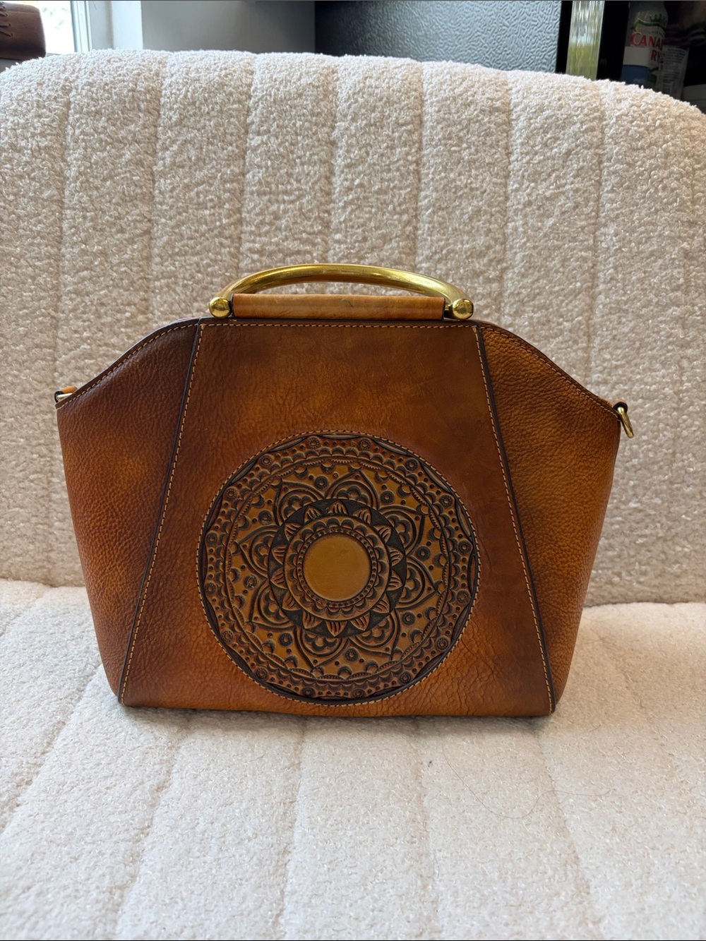 Brown Mandala Embossed Boho Leather Handbag w/ Gold Handle